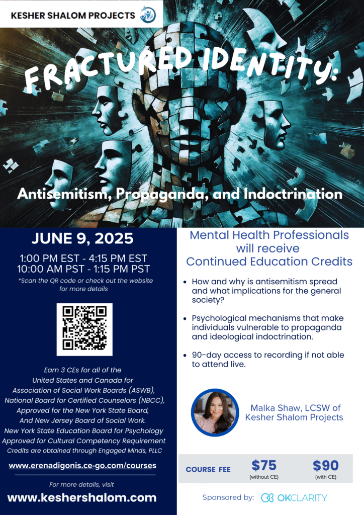 Fractured Identity 2025 event flyer on antisemitism, propaganda, and identity, featuring training on psychological and neurological impacts.